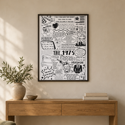 The 1975 Song Lyric Album Print — wider room setting, black oak frame