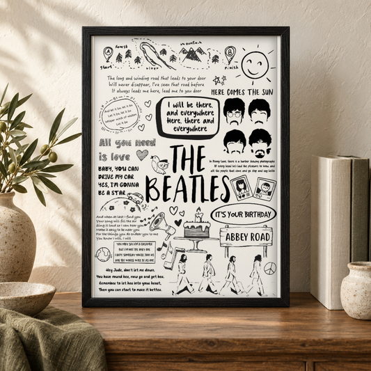 The Beatles Song Lyric Album Print — close lifestyle view, black oak frame
