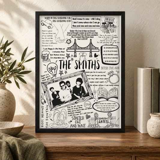 The Smiths Song Lyric Album Print — close lifestyle view, black oak frame