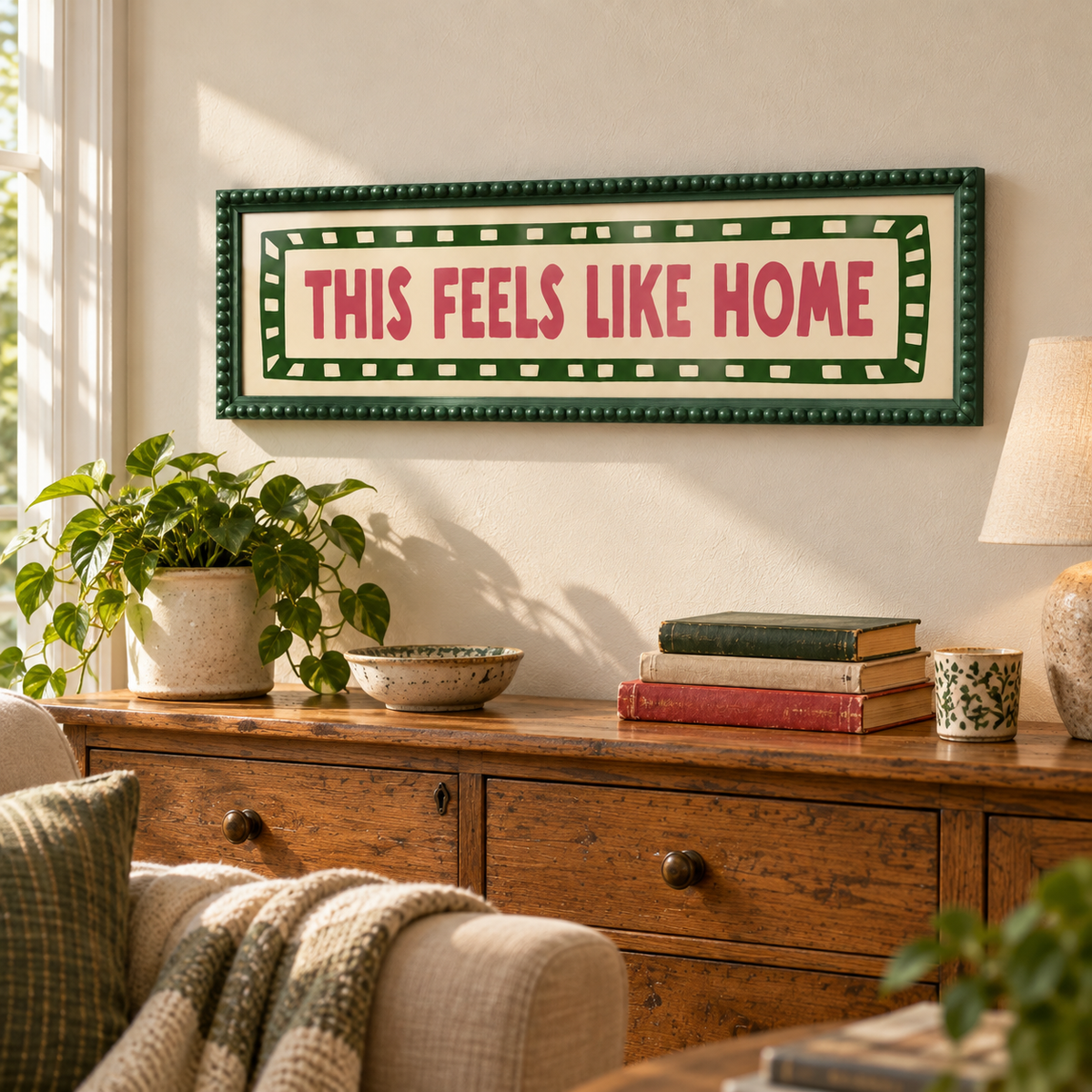 This Feels Like Home Bobbin Panoramic Print — lifestyle dark green 100x25