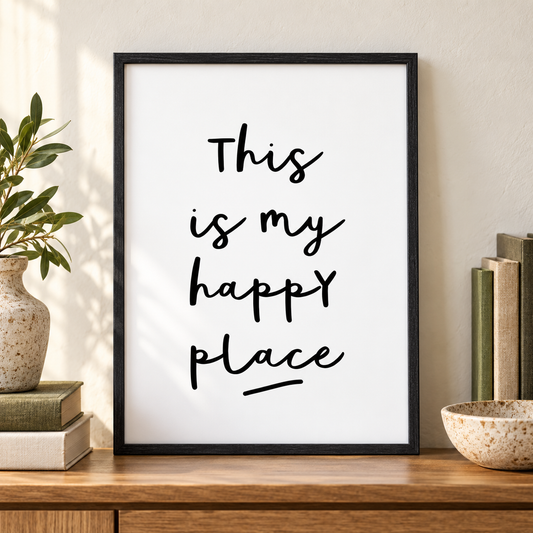 This Is My Happy Place Print — close lifestyle view, black oak frame