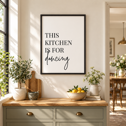 This Kitchen Is For Dancing Print — wider room setting, black oak frame