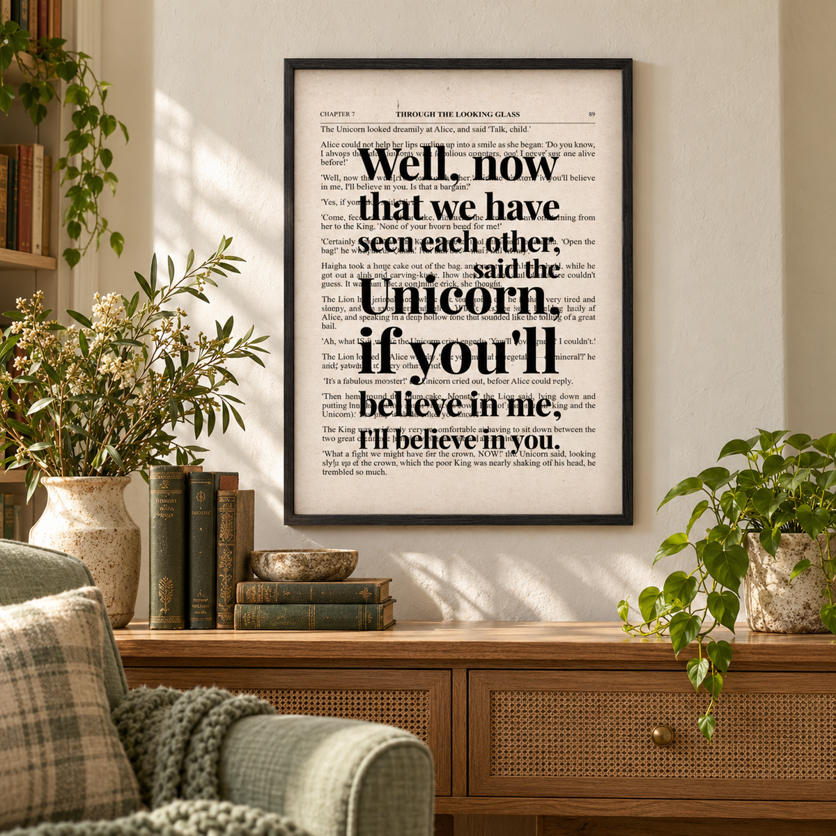Alice In Wonderland Unicorn Quote Book Print — wider room setting, black oak frame