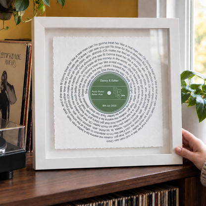 Personalized Song Lyrics Vinyl Record Float Mounted Frame - close lifestyle view
