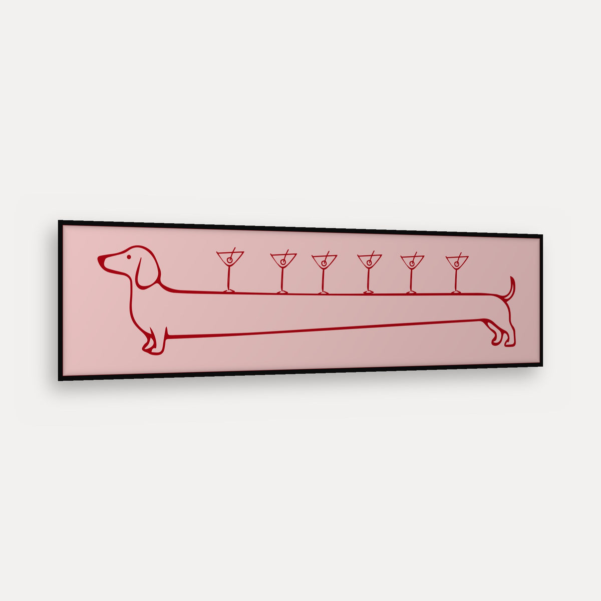 Weenies & Martinis panoramic print in a matt black frame, angled view