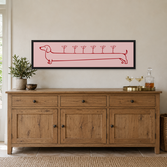 Weenies & Martinis Panoramic Print — wider room setting, matt black wood