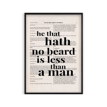 Shakespeare He That Hath No Beard Is Less Than A Man Quote Book Print in a matt black frame