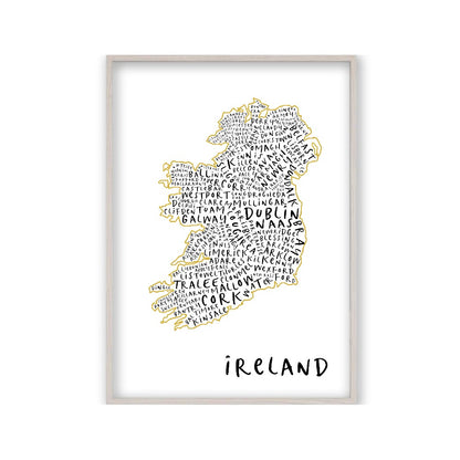 Ireland Typography Map Print in a white oak frame