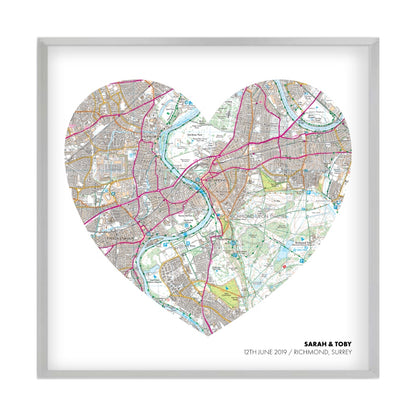 Personalized OS Map Heart Print in a matt silver frame