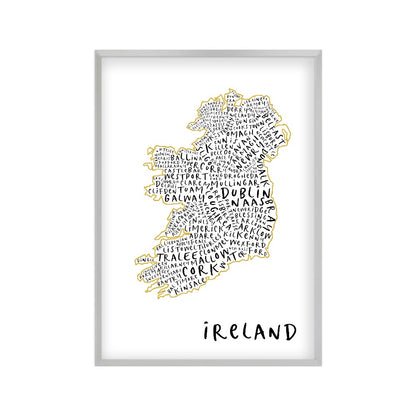 Ireland Typography Map Print in a matt silver frame