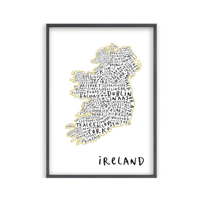 Ireland Typography Map Print in a black oak frame