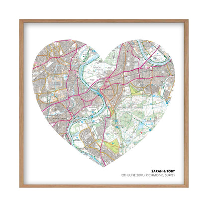 Personalized OS Map Heart Print in an oak frame