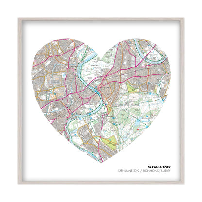 Personalized OS Map Heart Print in a white oak frame
