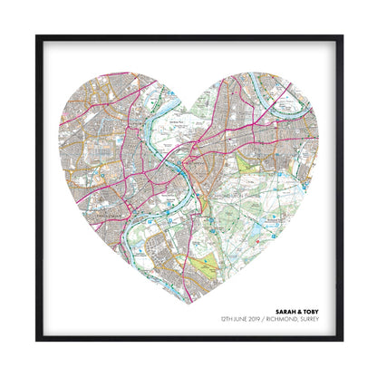 Personalized OS Map Heart Print in a matt black frame