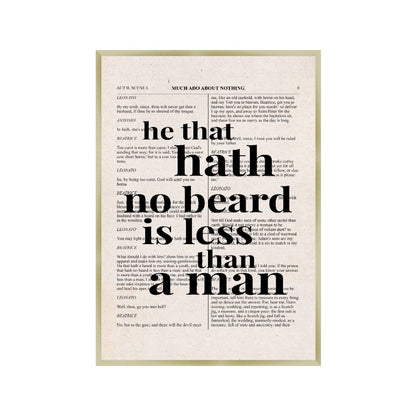 Shakespeare He That Hath No Beard Is Less Than A Man Quote Book Print in a champagne gold frame