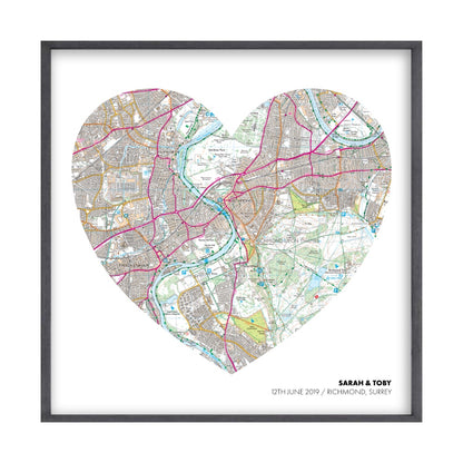 Personalized OS Map Heart Print in a black oak frame