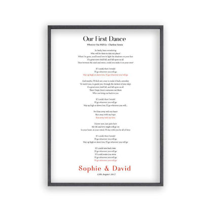 Personalized First Dance Song Wedding Lyrics Print in a black oak frame