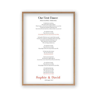 Personalized First Dance Song Wedding Lyrics Print in an oak frame