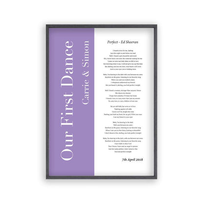 Personalized First Dance Wedding Song Lyrics Music Print in a black oak frame