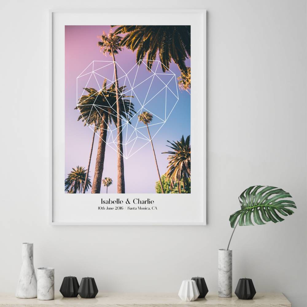 Personalized Geometric Heart Palm Trees Couple Location Print - Blim & Blum