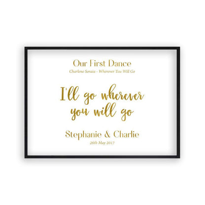 Personalized Gold Foil Wedding Song Lyric Quote Print in a matt black frame