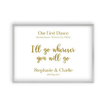 Personalized Gold Foil Wedding Song Lyric Quote Print in a matt silver frame