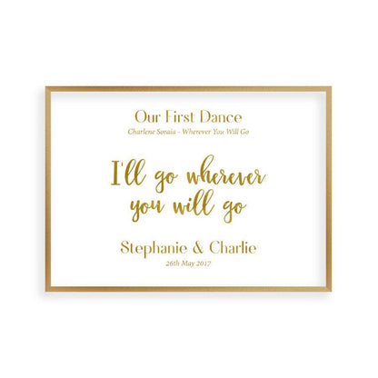 Personalized Gold Foil Wedding Song Lyric Quote Print in a brushed copper frame