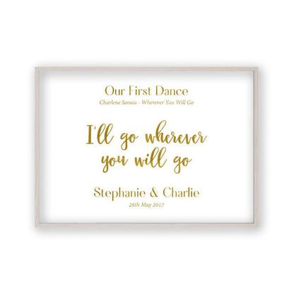 Personalized Gold Foil Wedding Song Lyric Quote Print in a white oak frame