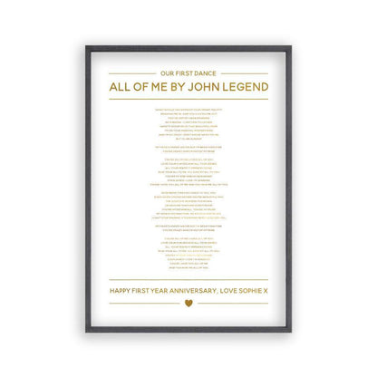 Personalized Gold Foil Wedding Song Lyrics Print in a black oak frame
