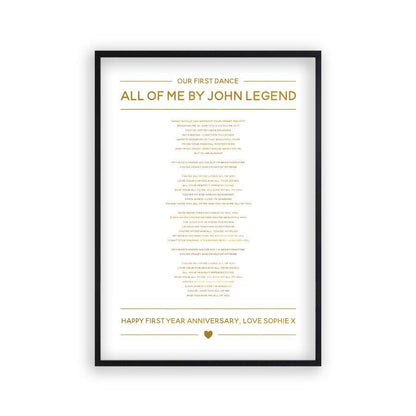 Personalized Gold Foil Wedding Song Lyrics Print in a matt black frame