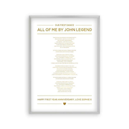 Personalized Gold Foil Wedding Song Lyrics Print in a matt silver frame