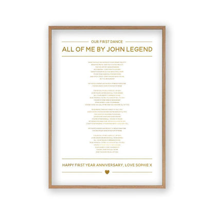 Personalized Gold Foil Wedding Song Lyrics Print in an oak frame