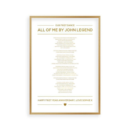 Personalized Gold Foil Wedding Song Lyrics Print in a brushed copper frame