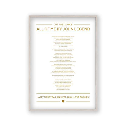 Personalized Gold Foil Wedding Song Lyrics Print in a white oak frame