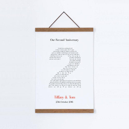Personalized Second Anniversary Song Lyrics Cotton Canvas Print in an oak hanging frame