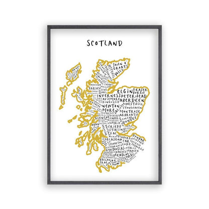 Scotland Typography Map Print in a black oak frame