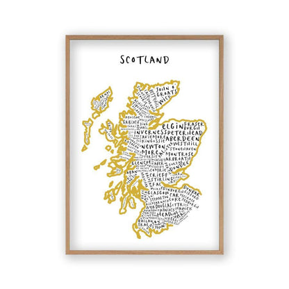 Scotland Typography Map Print in an oak frame