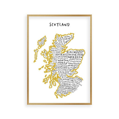 Scotland Typography Map Print in a brushed copper frame