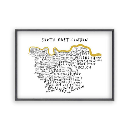 South East London Typography Map Print in a black oak frame