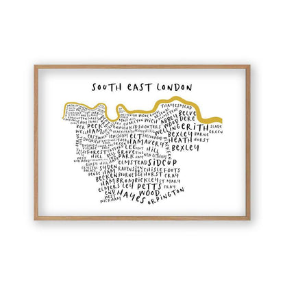 South East London Typography Map Print in an oak frame