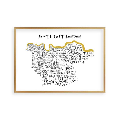 South East London Typography Map Print in a brushed copper frame