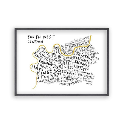 South West London Typography Map Print in a black oak frame