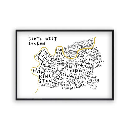 South West London Typography Map Print in a matt black frame