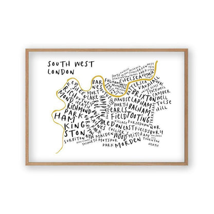 South West London Typography Map Print in an oak frame