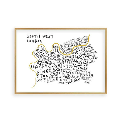 South West London Typography Map Print in a brushed copper frame