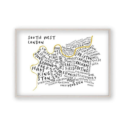 South West London Typography Map Print in a white oak frame