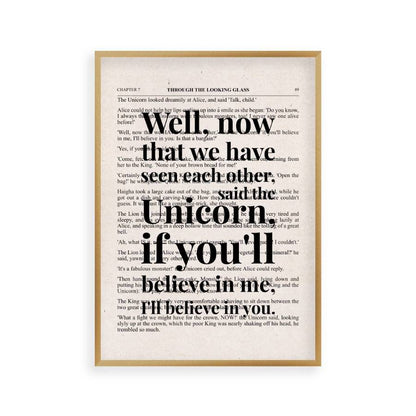 Alice In Wonderland Unicorn Quote Book Print in a brushed copper frame