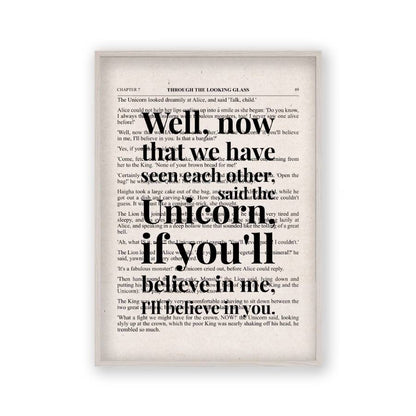 Alice In Wonderland Unicorn Quote Book Print in a white oak frame