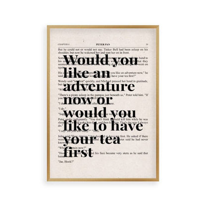 Peter Pan Would You Like An Adventure Tea Quote Book Print in a brushed copper frame