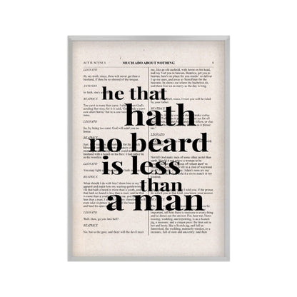 Shakespeare He That Hath No Beard Is Less Than A Man Quote Book Print in a matt silver frame